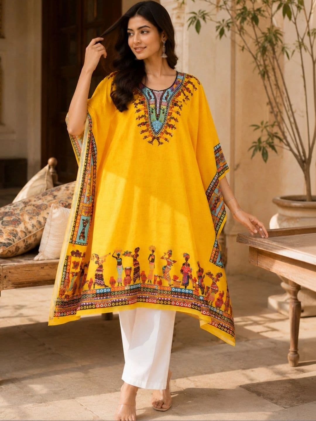 indo street Women Ethnic Motifs Printed Extended Sleeves Kaftan Kurta - view 1