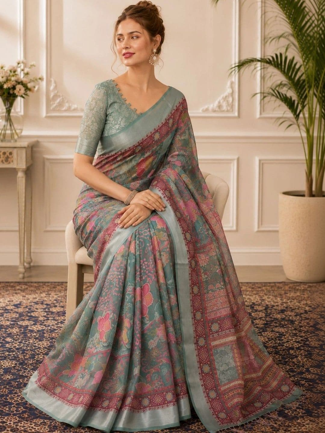 Mitera Ethnic Motifs Zari Linen Blend Handloom Block Print Saree - view 1