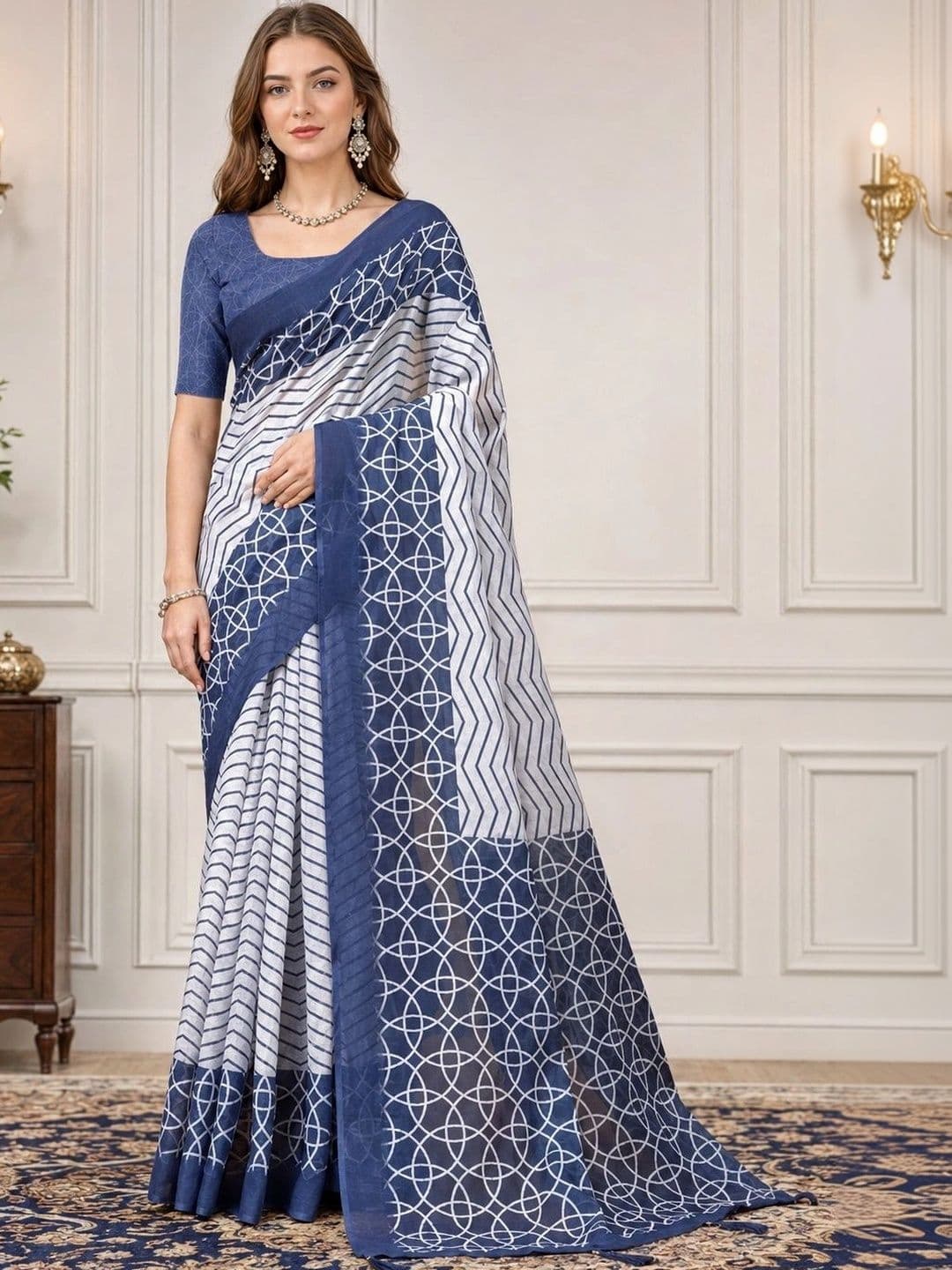 KALINI Ethnic Motifs Zari Linen Blend Designer Block Print Saree - view 1