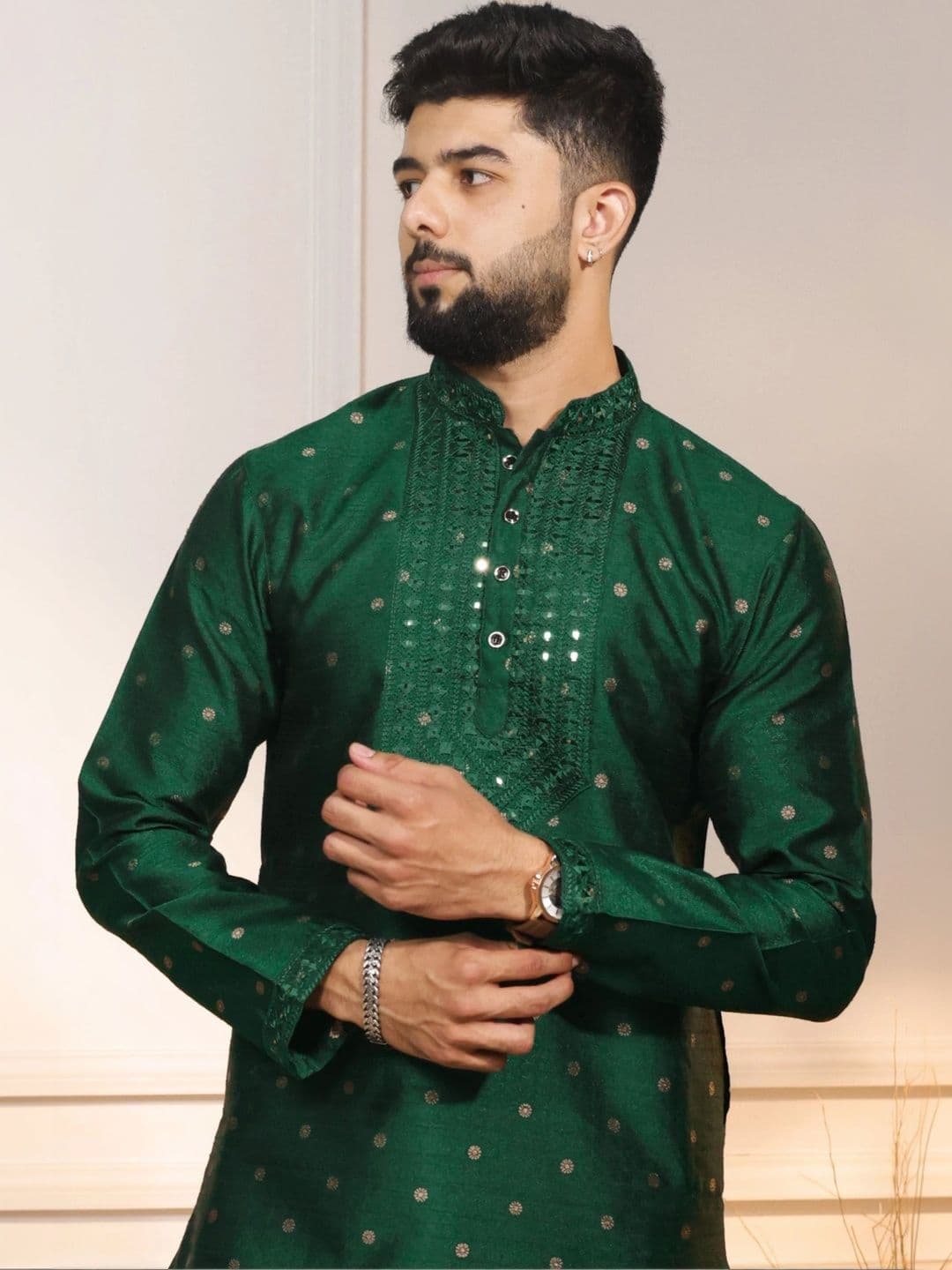 Koshin Floral Woven Design Mandarin Collar Mirror Embroidered Jacquard Art Silk Kurta - view 1