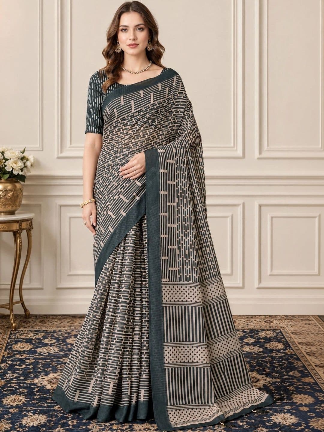 HERE&NOW Ethnic Motifs Zari Linen Blend Designer Block Print Saree - view 1