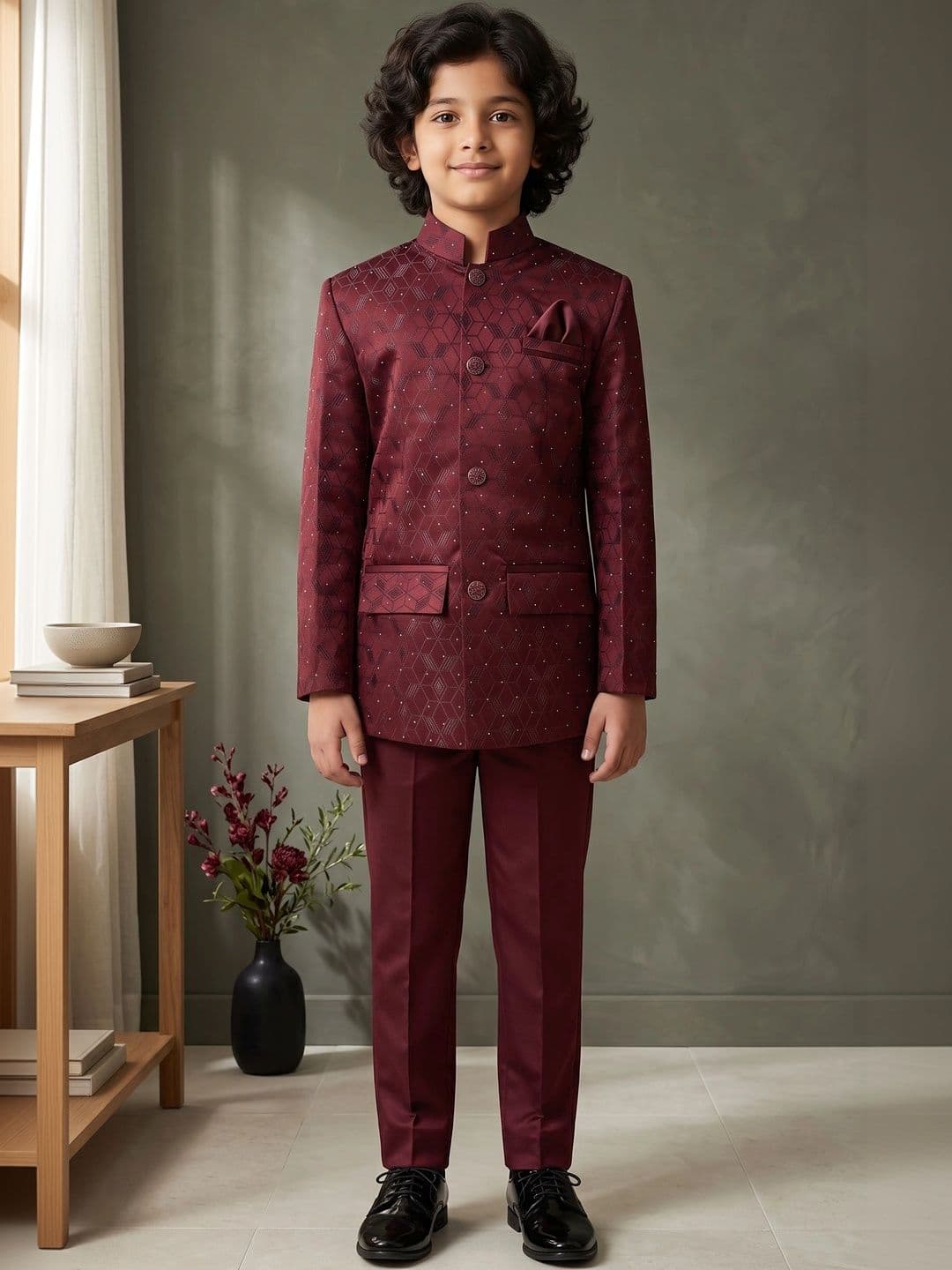 ahhaaaa Boys Embroidered Mandarin Collar Bandhgala Jodhpuri Sherwani Set - view 1
