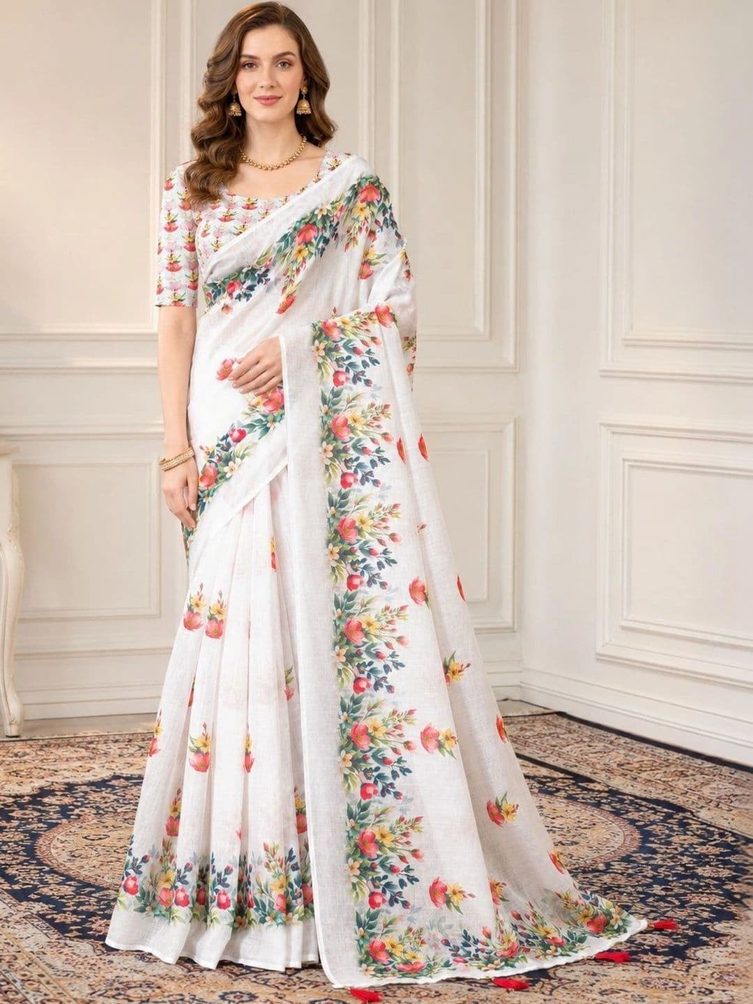 KALINI Floral Zari Linen Blend Designer Block Print Saree - view 1