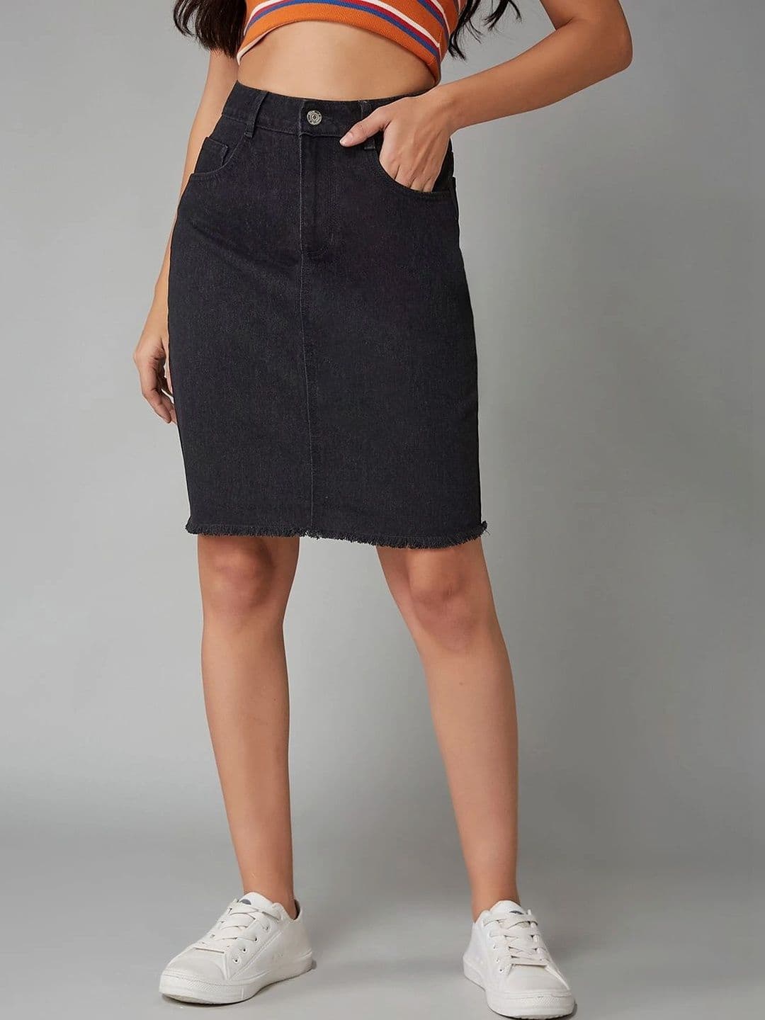 DOLCE CRUDO Women Bodycon High Rise Clean Look Above Knee Denim Skirt - view 1