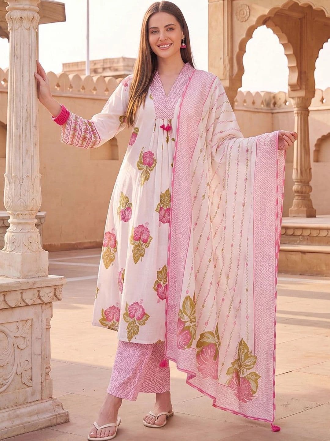 Indo Era Women Floral Printed Regular Pure Cotton Kurta with Trousers & With Dupatta - view 1