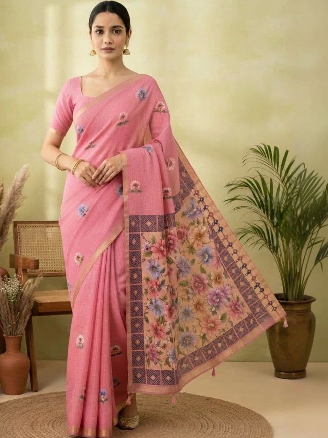 BHAKTI FASHION Floral Pure Linen Khadi Saree - view 1