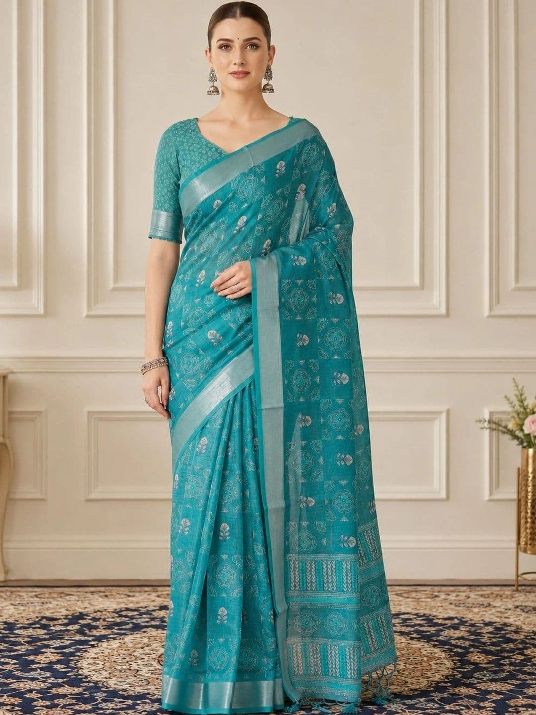 Mitera Floral Printed Zari Handloom Block Print Saree With Blouse Piece - view 1