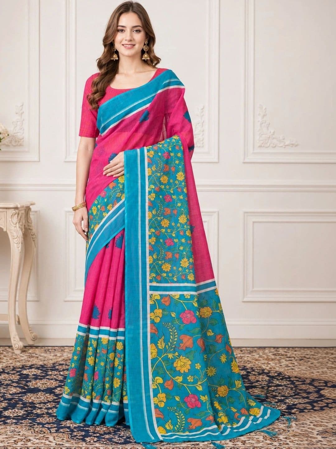 HERE&NOW Floral Zari Linen Blend Fusion Block Print Saree - view 1