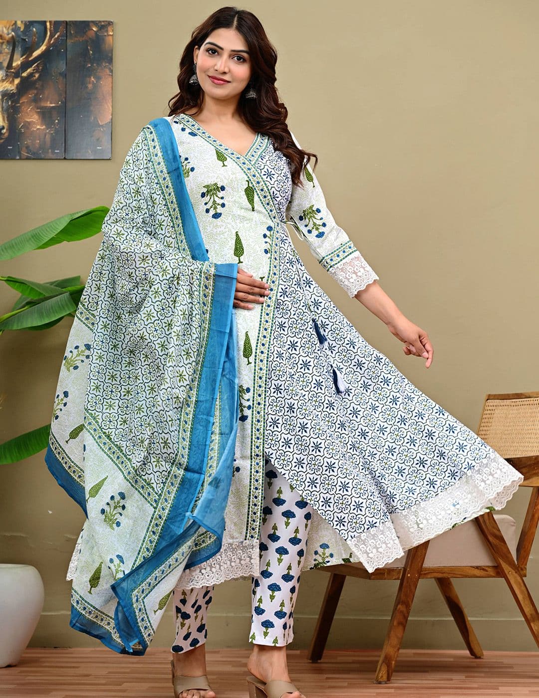 DSS FASHION Women Floral Printed Angrakha Pure Cotton Kurta with Trousers & With Dupatta - view 1