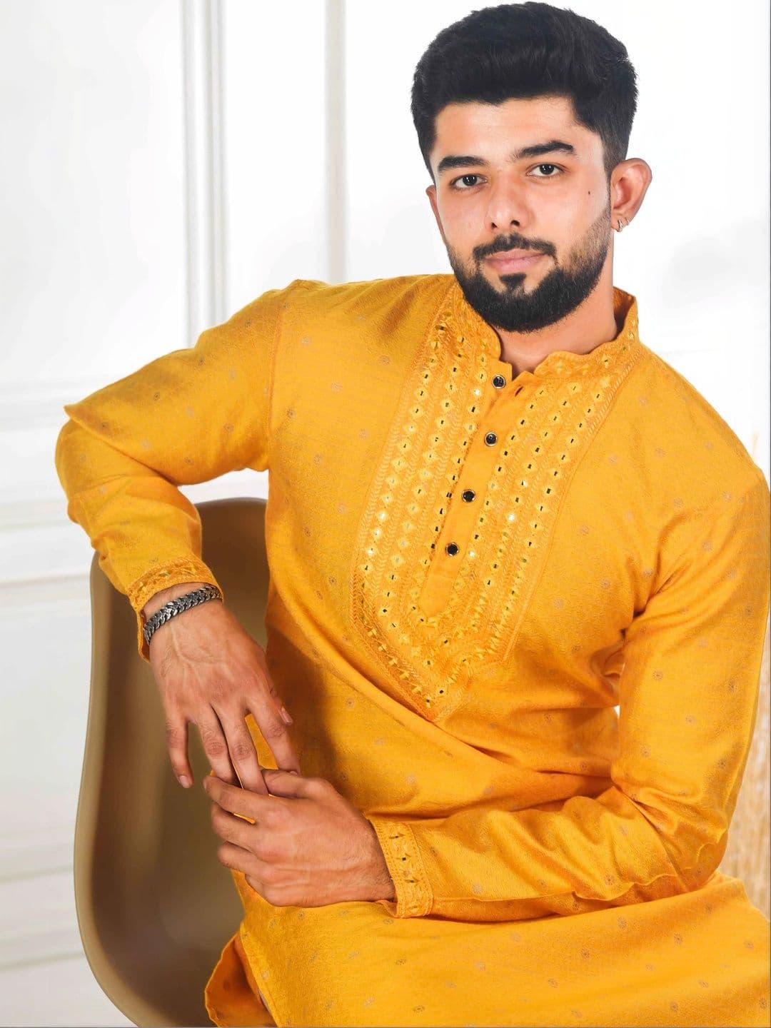 Koshin Floral Woven Design Long Sleeves Mirror Work Jacquard Art Silk Straight Kurta - view 1