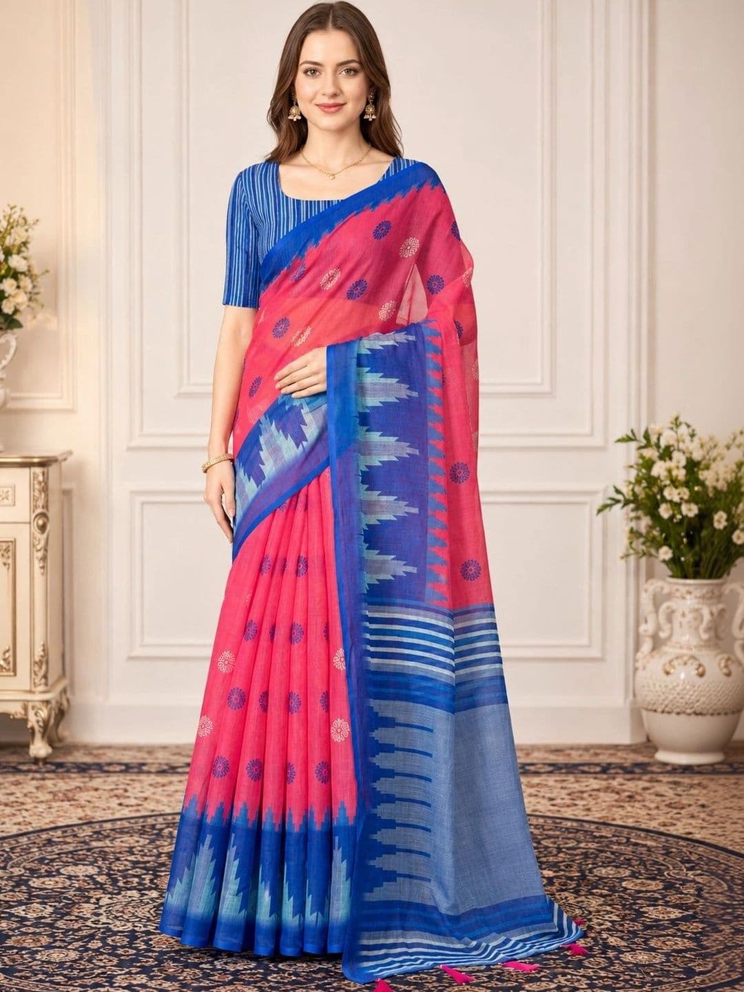 KALINI Ethnic Motifs Zari Linen Blend Designer Block Print Saree - view 1