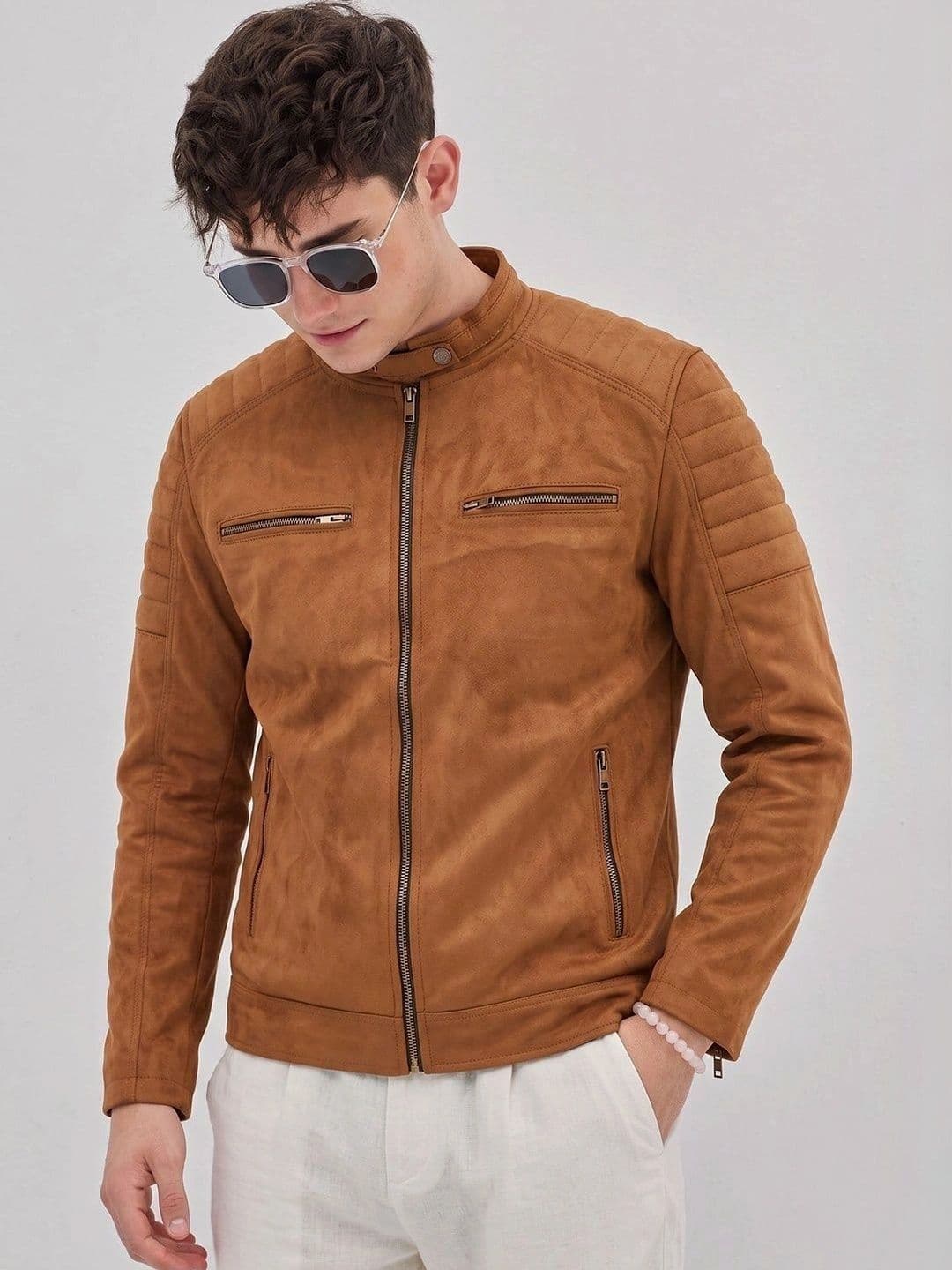 Leather Retail Men Suede Outdoor Biker Jacket - view 1