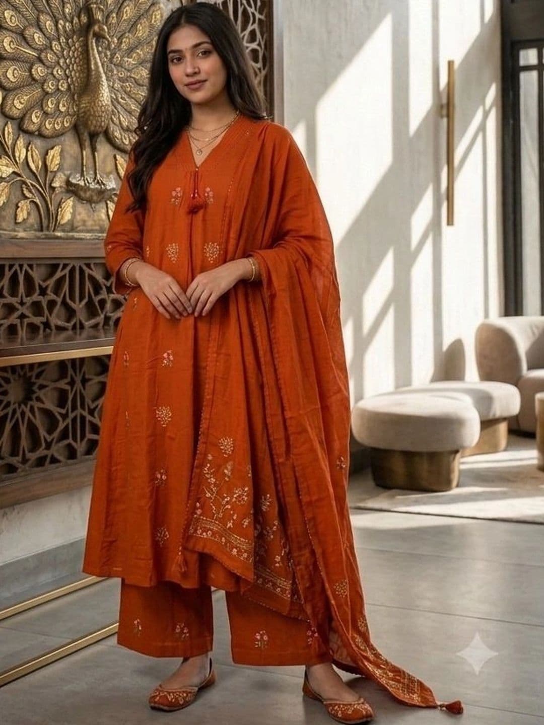Indra Style Women Ethnic Motifs Embroidered Regular Thread Work Kurta with Palazzos & With Dupatta - view 1
