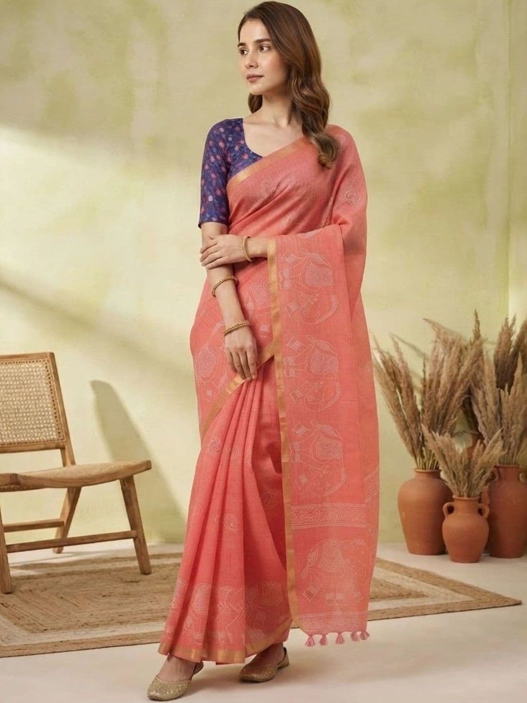 BHAKTI FASHION Floral Pure Linen Khadi Saree - view 1