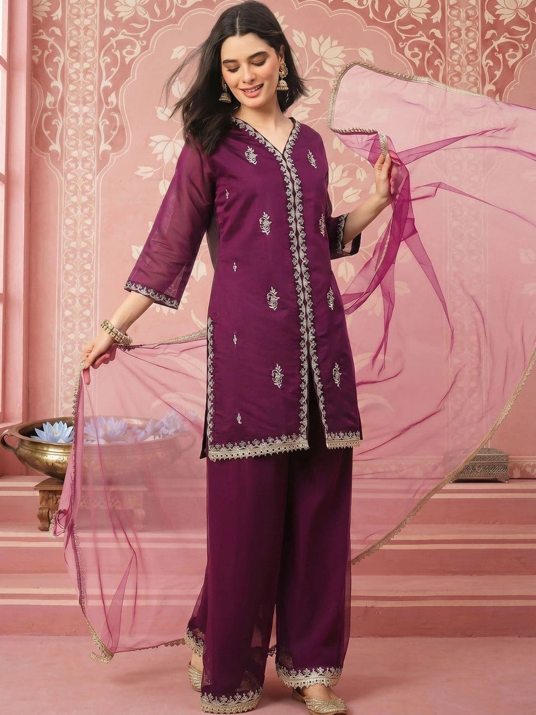 NAVYAAZRI Women Ethnic Motifs Embroidered Regular Chanderi Cotton Kurta with Palazzos & With Dupatta - view 1