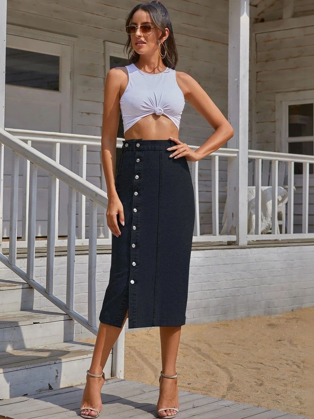 MAKPAK Women Denim Front Slit Midi Straight Skirt - view 1