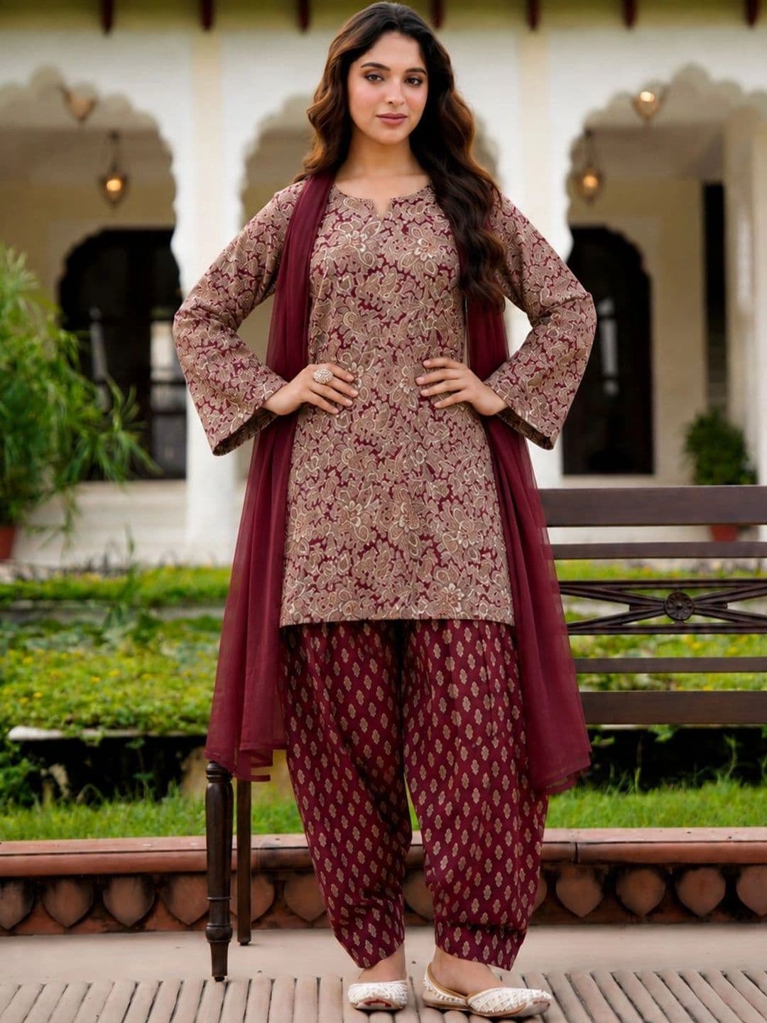 Aaghnya Women's Wine Cotton Blend Printed Straight Kurta With Farshi Salwar & Dupatta set - view 1