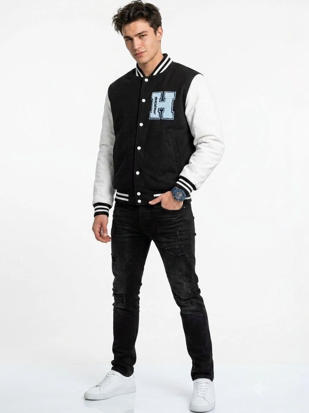 oiin Men Colourblocked Fleece Blend Varsity Jacket - view 1