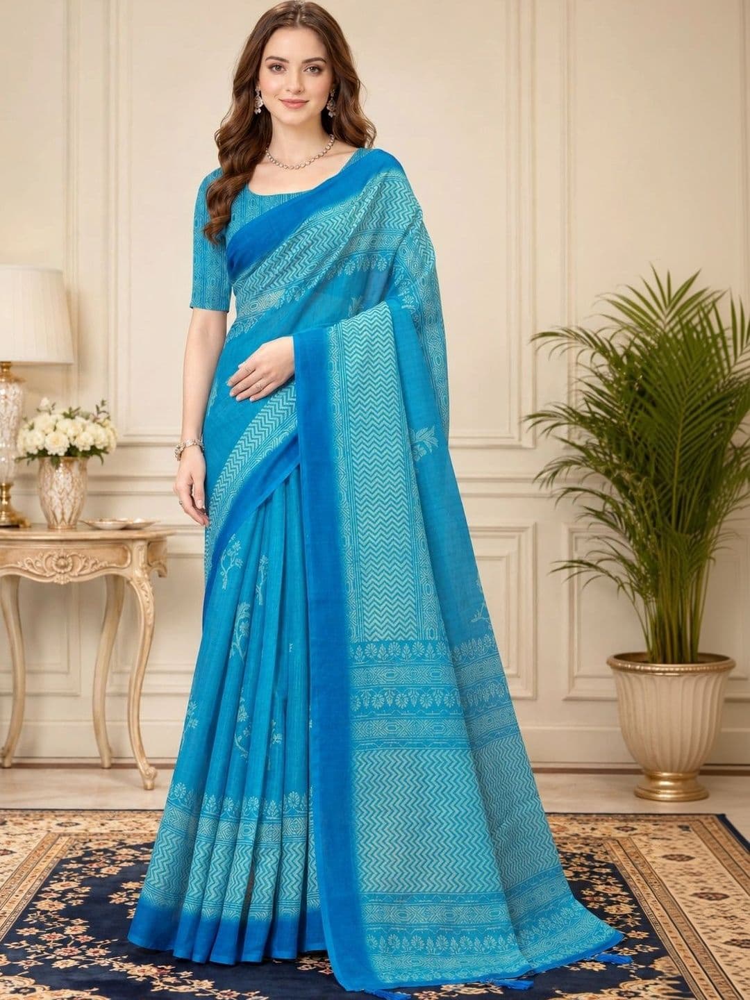 V3 FASHION STUDIO Ethnic Motifs Zari Linen Blend Designer Block Print Saree - view 1