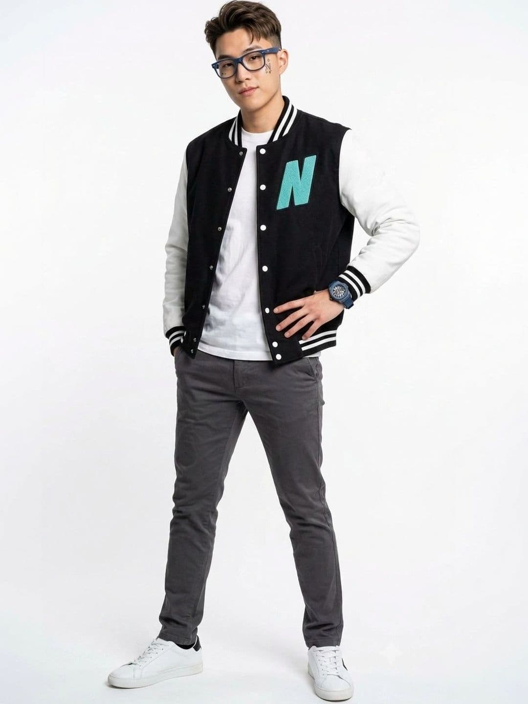 oiin Men Brand Logo Colourblocked Fleece Blend Varsity Jacket - view 1
