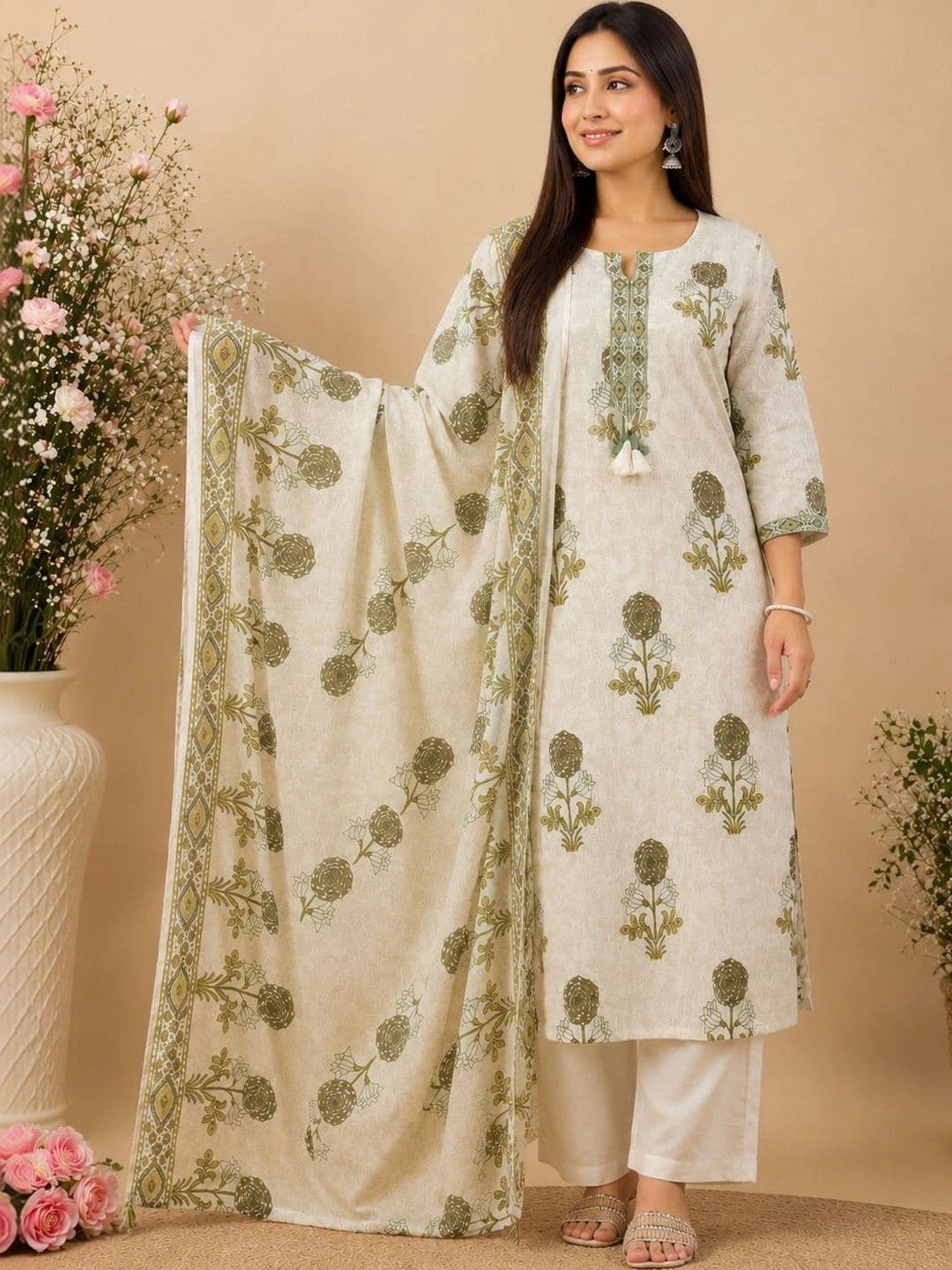 Araaha Women Floral Printed Regular Pure Cotton Kurta with Palazzos & With Dupatta - view 1