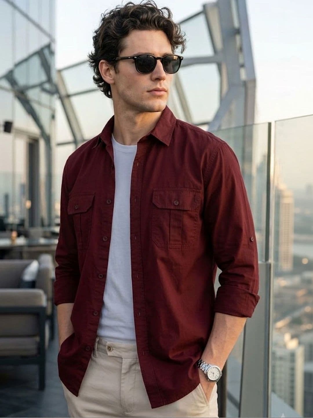 Urbano Fashion Men Maroon Cotton Long Sleeve Regular Fit Casual Solid Shirt - view 1