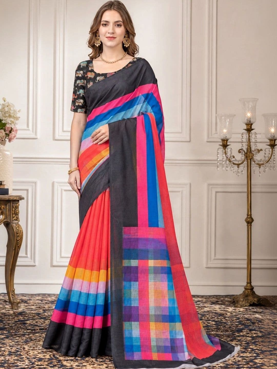 V3 FASHION STUDIO Ethnic Motifs Zari Linen Blend Designer Block Print Saree - view 1
