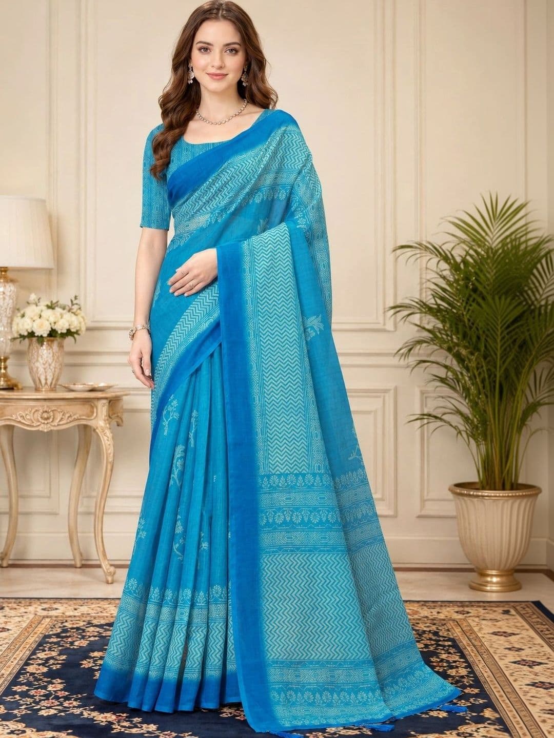 KALINI Woven Design Zari Linen Blend Designer Block Print Saree - view 1