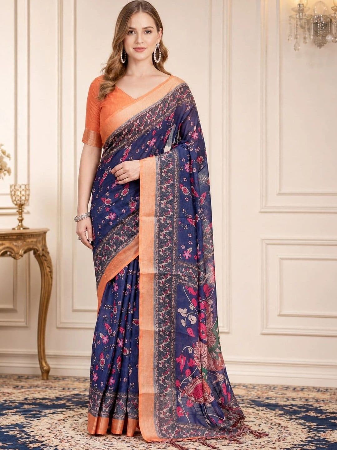 Mitera Floral Zari Linen Blend Block Print Saree With Unstitched Blouse piece - view 1
