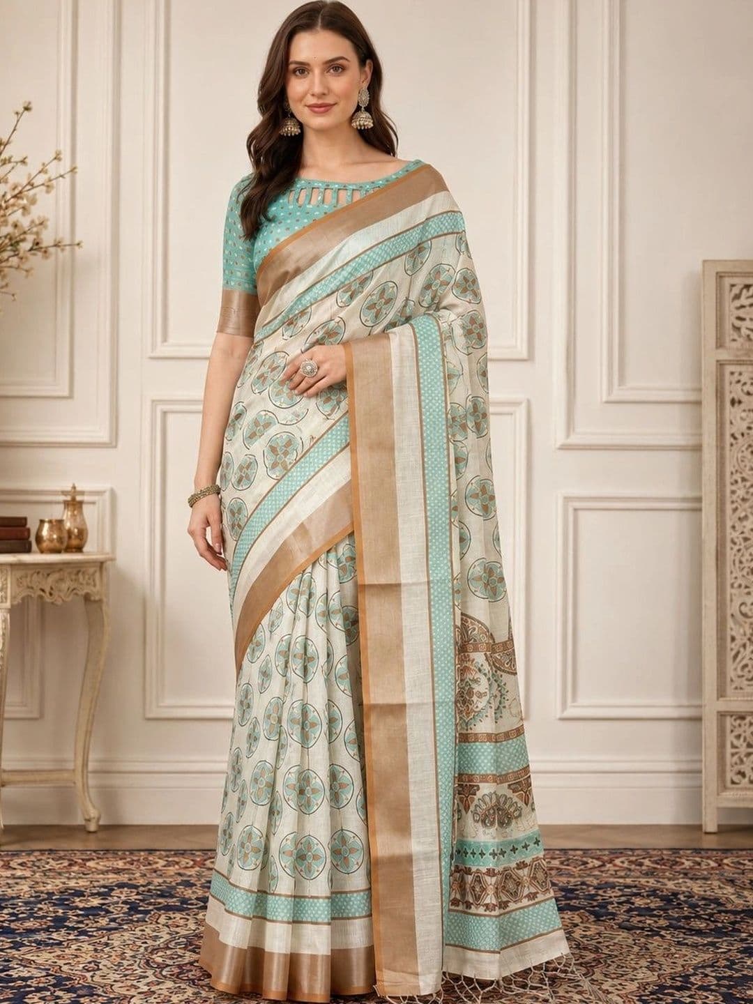 Mitera Zari Linen Blend Block Print Saree - view 1