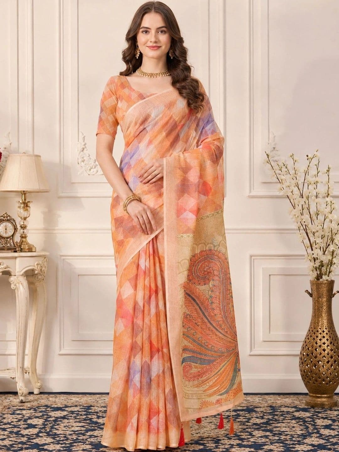 V3 FASHION STUDIO Zari Linen Blend Designer Block Print Saree - view 1
