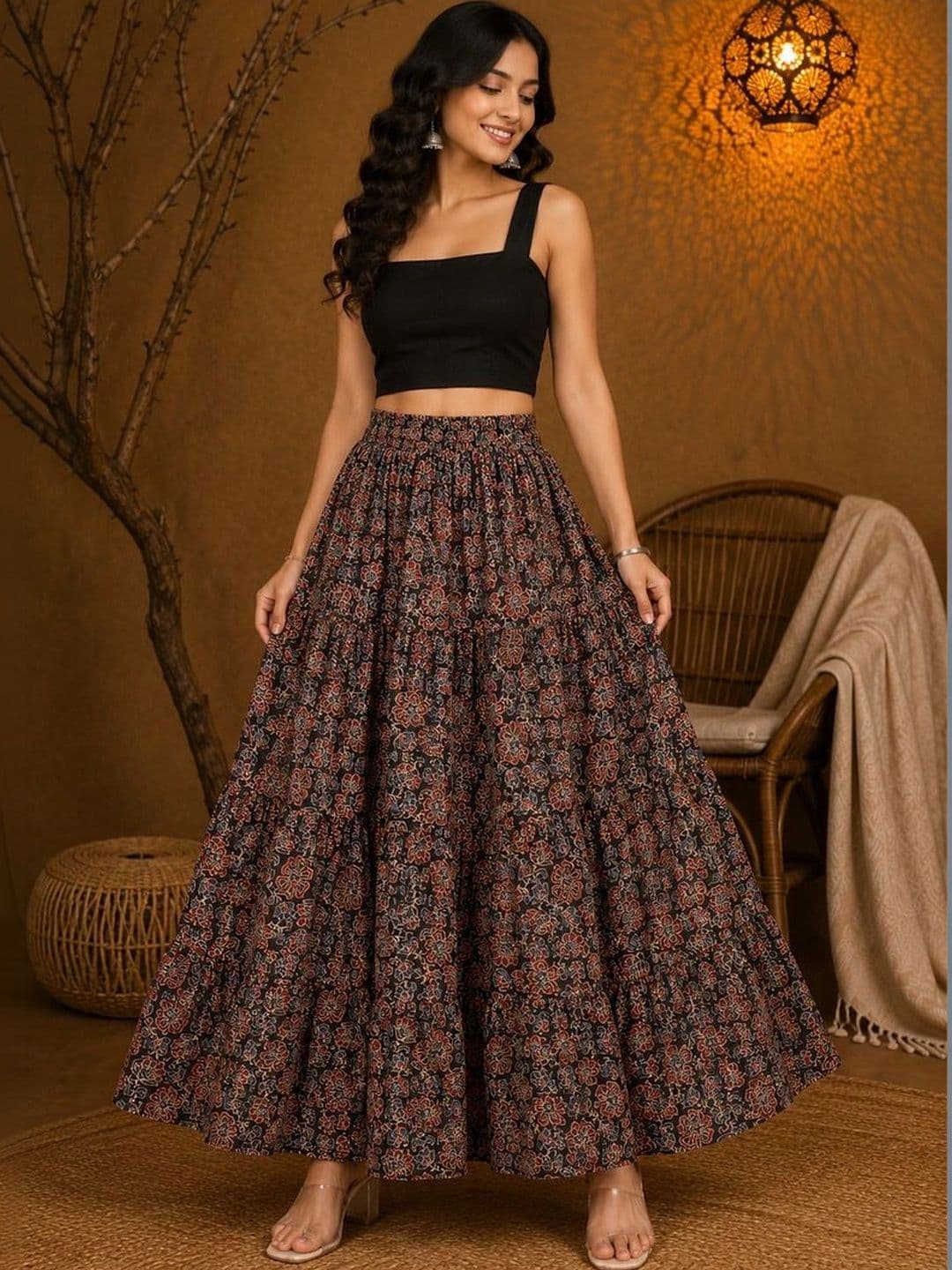 Sangria Women Pure Cotton Blend Floral Tiered Maxi Tiered Skirt - view 1