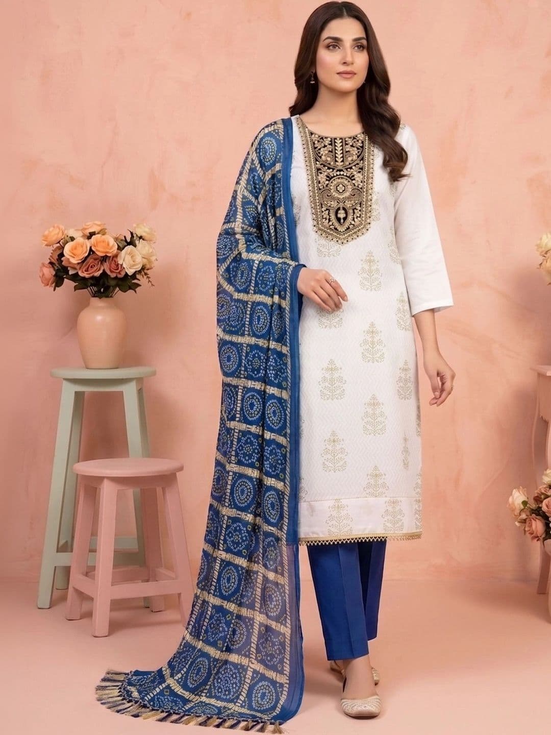 HERE&NOW Embroidered Viscose Rayon Unstitched Dress Material - view 1