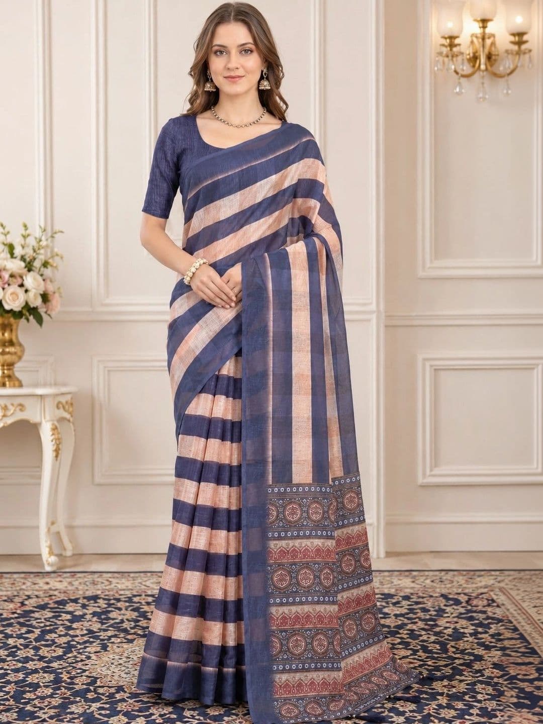 KALINI Striped Zari Linen Blend Designer Block Print Saree - view 1
