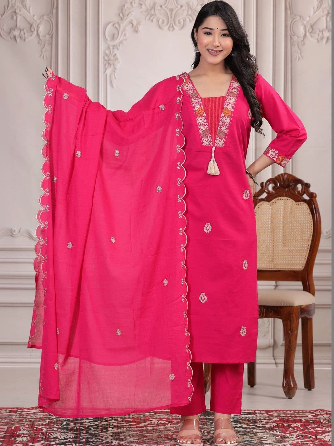FUS-ON Women Ethnic Motifs Embroidered Regular Thread Work Pure Cotton Kurta with Trousers & With Dupatta - view 1
