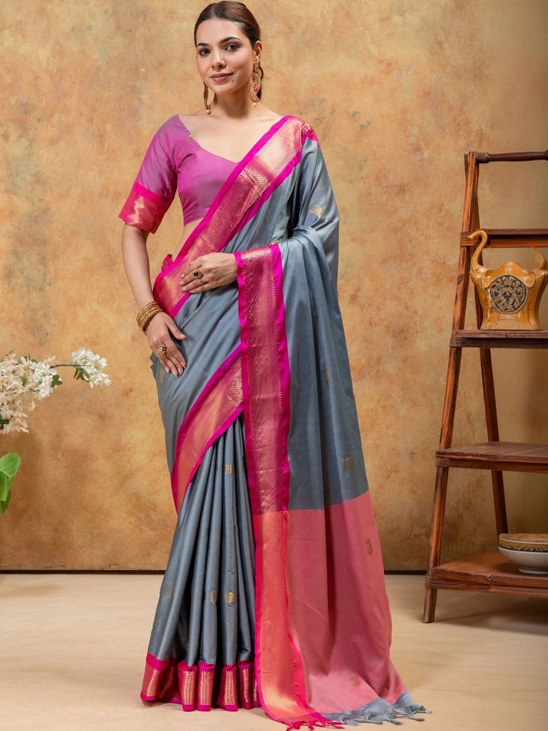 KALINI Ethnic Motifs Zari Silk Cotton Paithani Saree - view 1