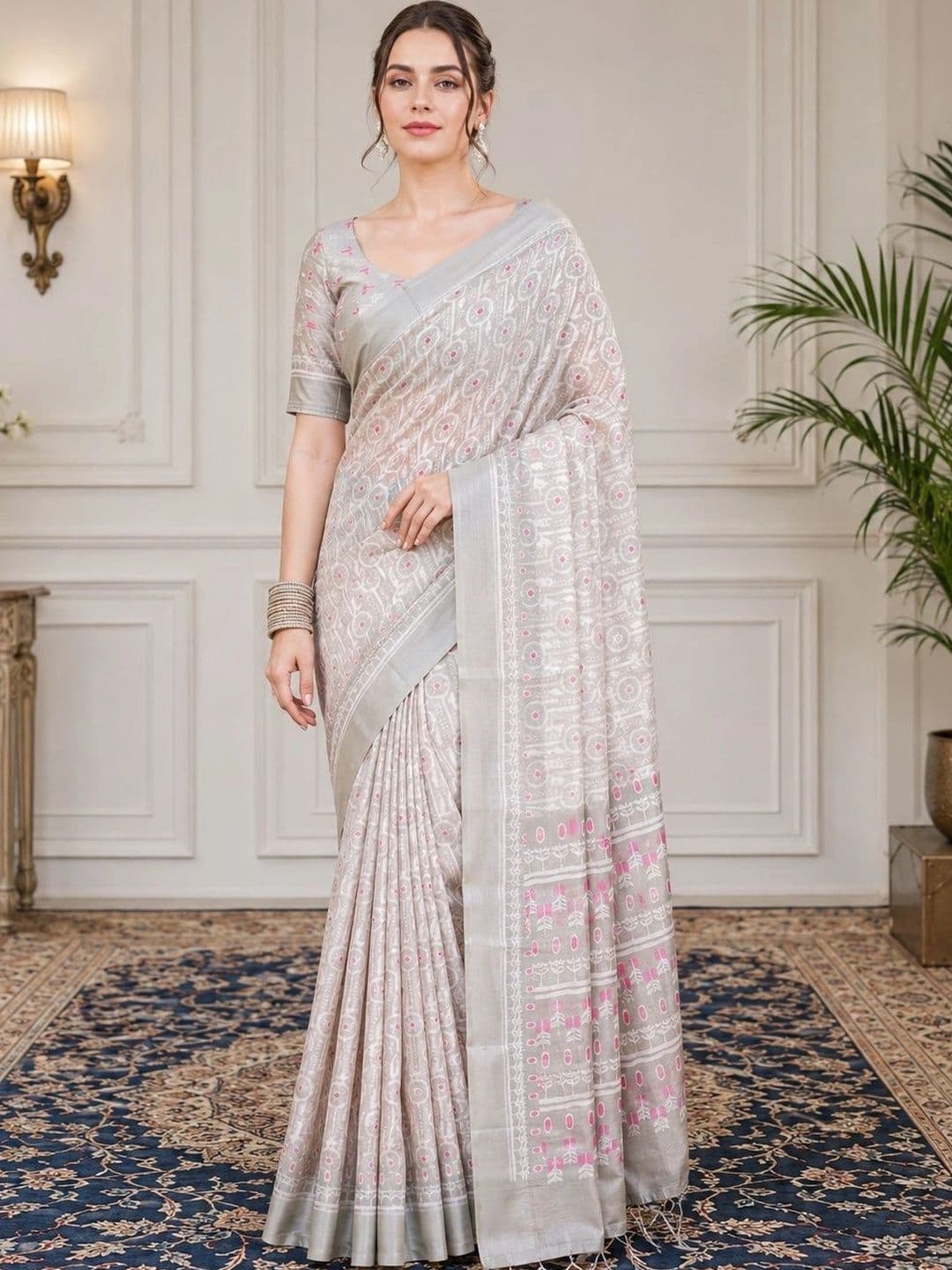 V3 FASHION STUDIO Ethnic Motifs Zari Linen Blend Block Print Saree - view 1