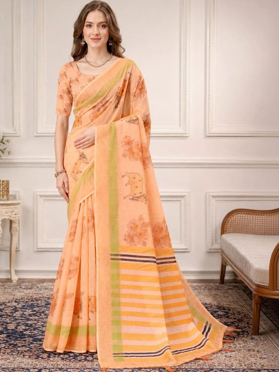 V3 FASHION STUDIO Floral Zari Linen Blend Designer Block Print Saree - view 1
