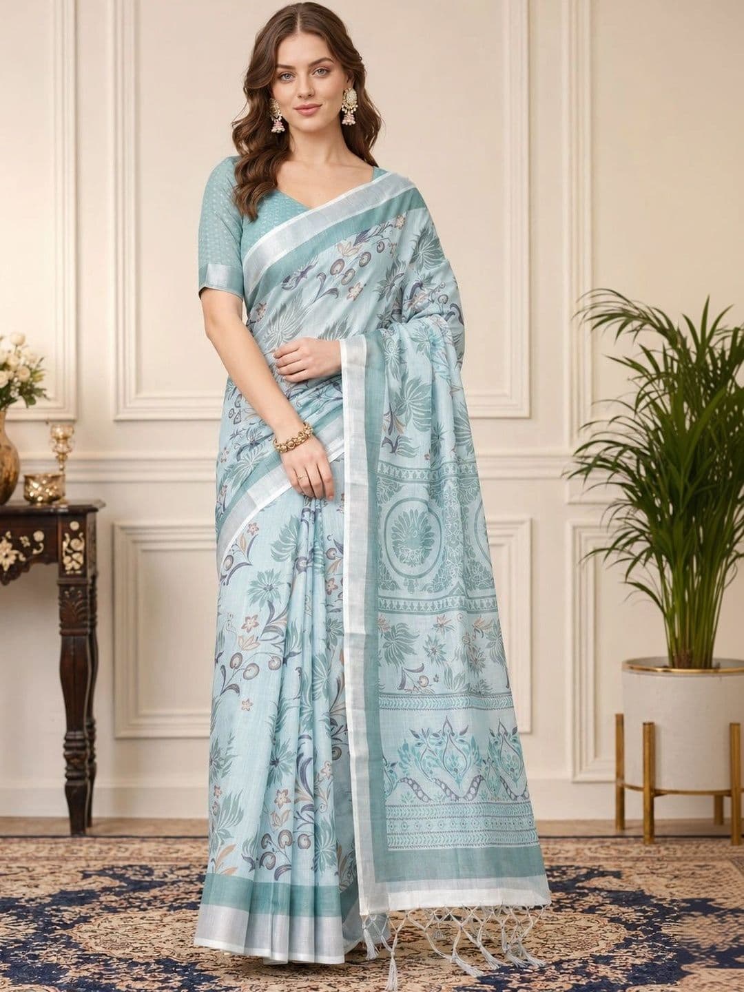 V3 FASHION STUDIO Floral Zari Handloom Block Print Saree & Unstitched Blouse Piece - view 1