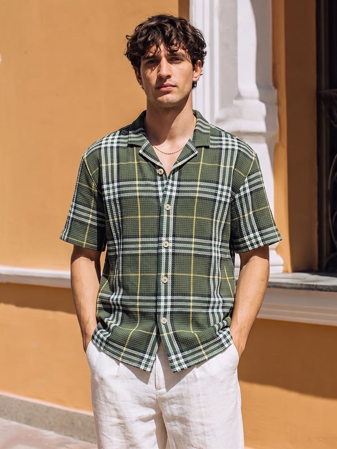 The Indian Garage Co Men Relaxed Fit Checkered Waffle Textured Resortwear Shirt - view 1