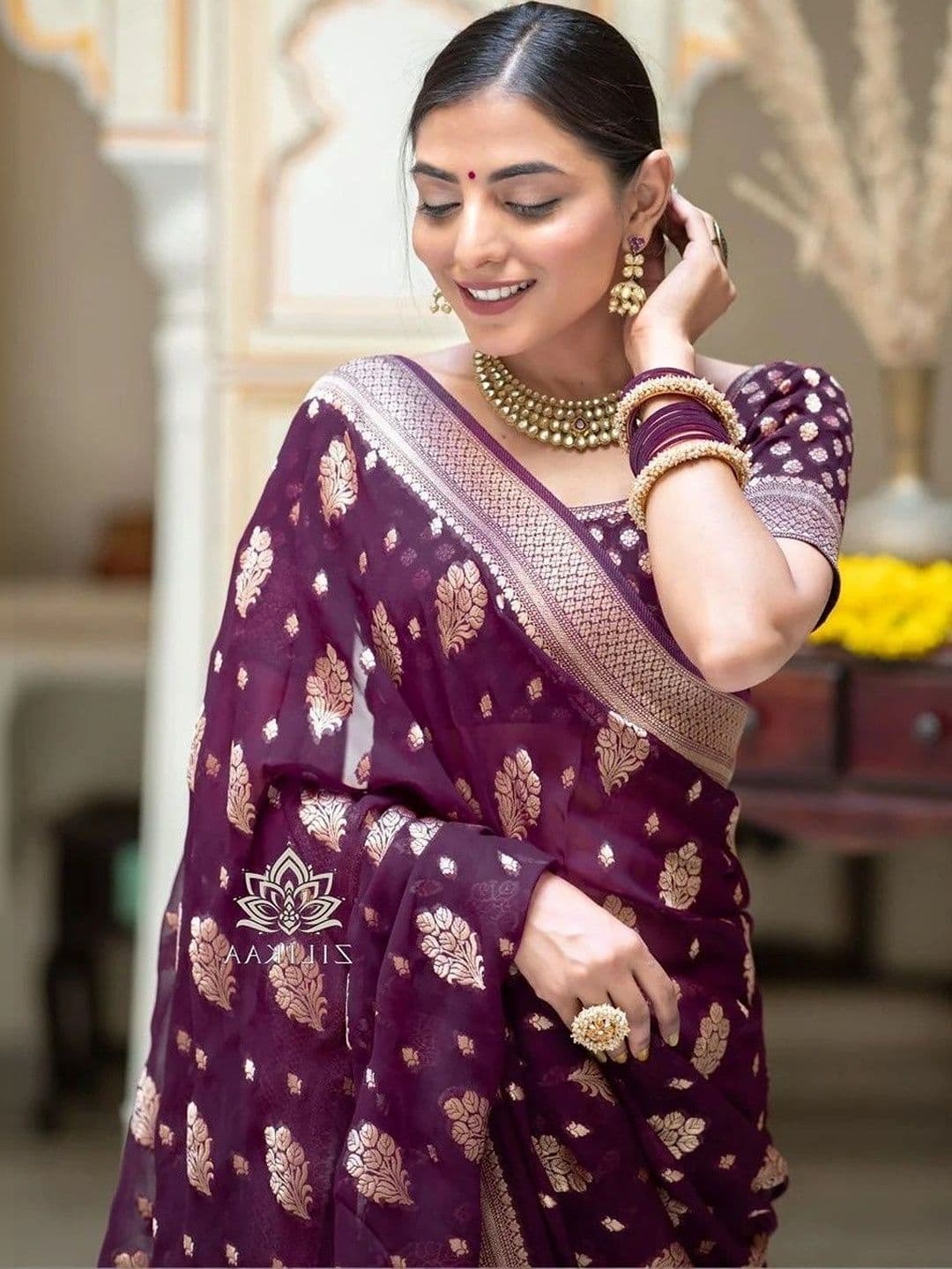 HOLLYBEE TELLS Woven Design Zari Silk Blend Heavy Work Ikat Saree - view 1