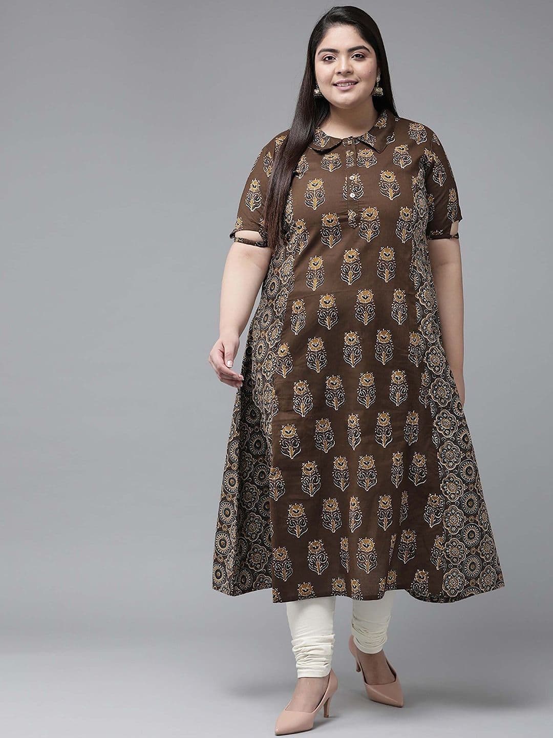 IKRASS Plus Size Floral Printed Shirt Collar Pure Cotton A-Line Kurta - view 1
