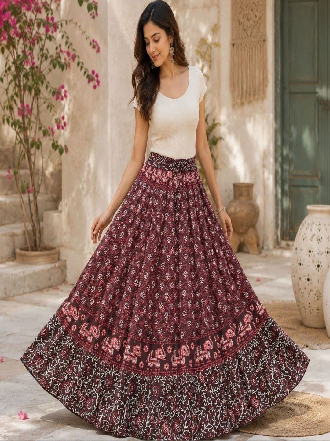 Namokar Women Cotton Cambric Floral Bohemian Maxi Flared Skirt - view 1