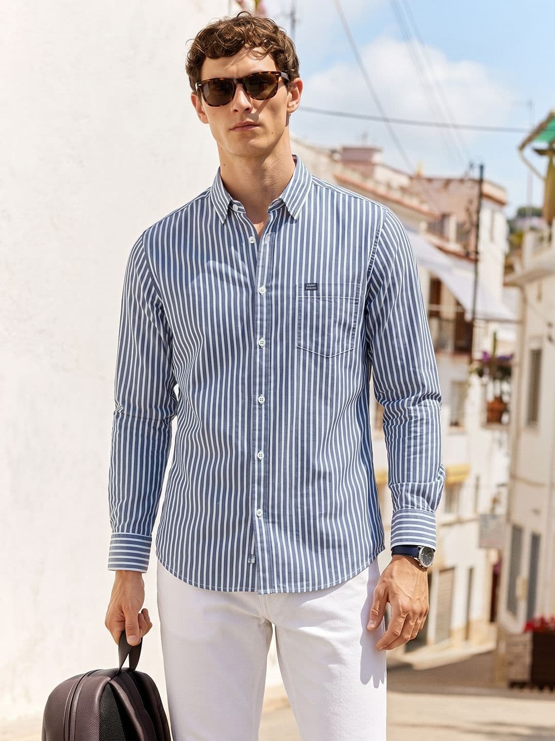 The Indian Garage Co Men Blue & White Slim Fit Striped Casual Shirt - view 1