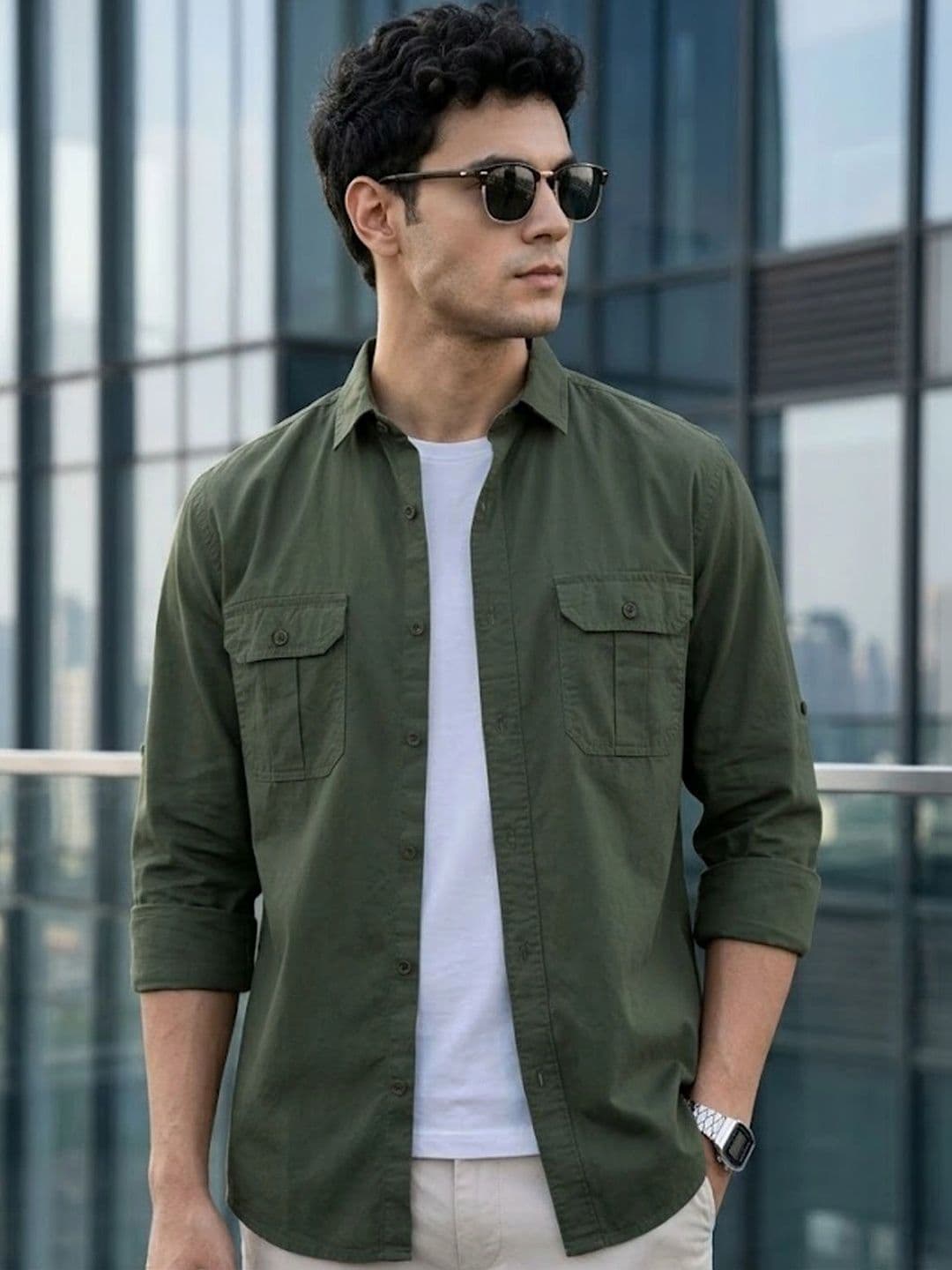 Urbano Fashion Men Green Cotton Long Sleeve Regular Fit Casual Solid Shirt - view 1