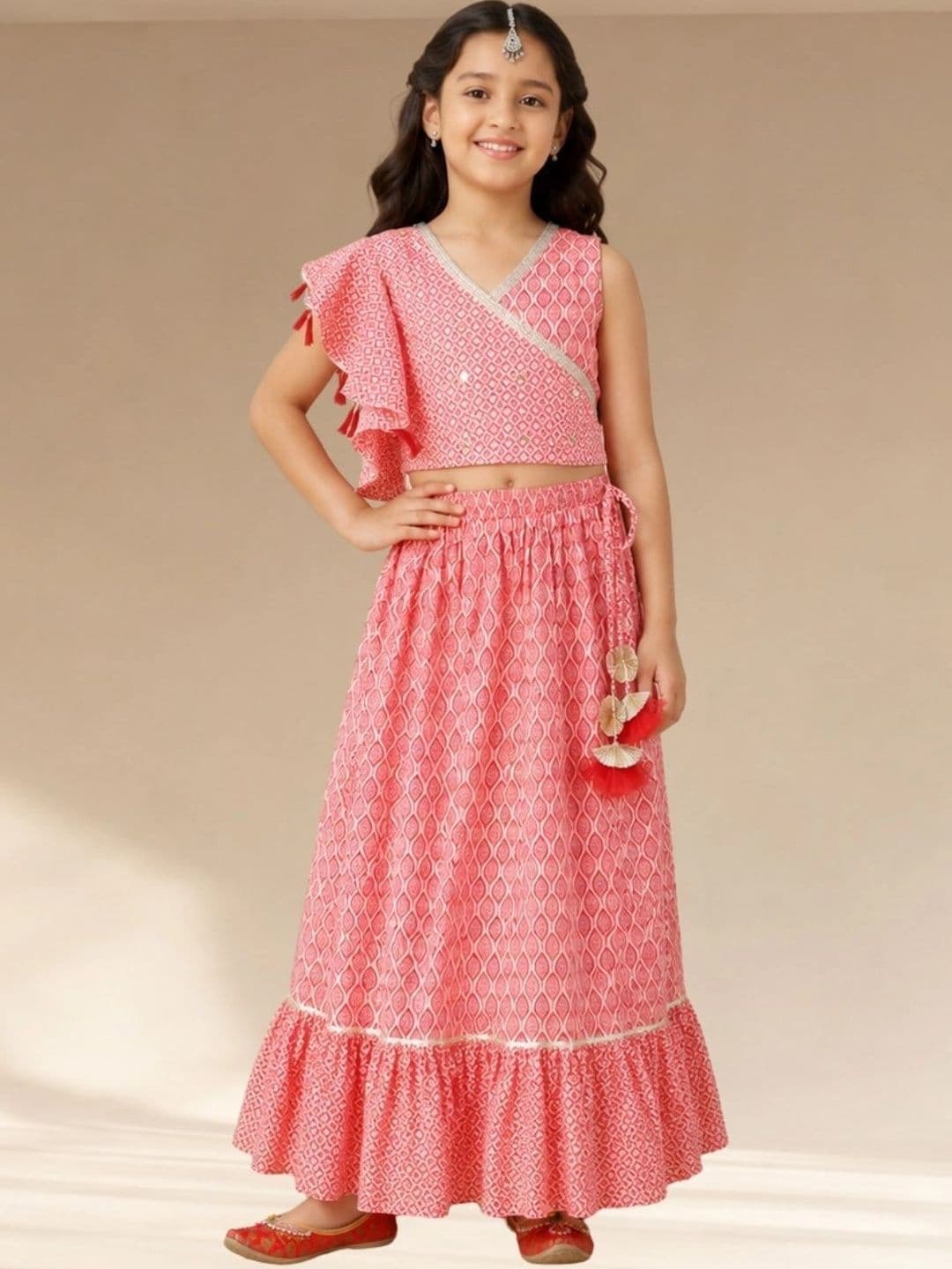 LIL DRAMA Girls Printed Sequinned Block Print Ready to Wear Lehenga & - view 1