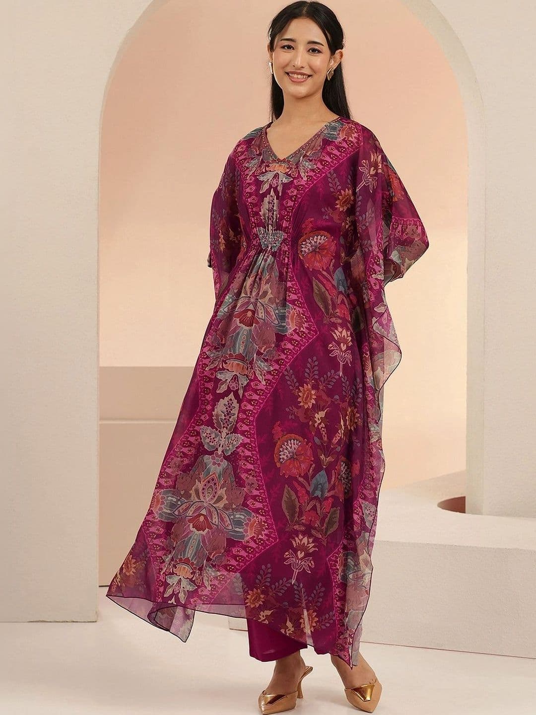 Libas Women Floral Printed Regular Silk Chiffon Kurta with Trousers - view 1
