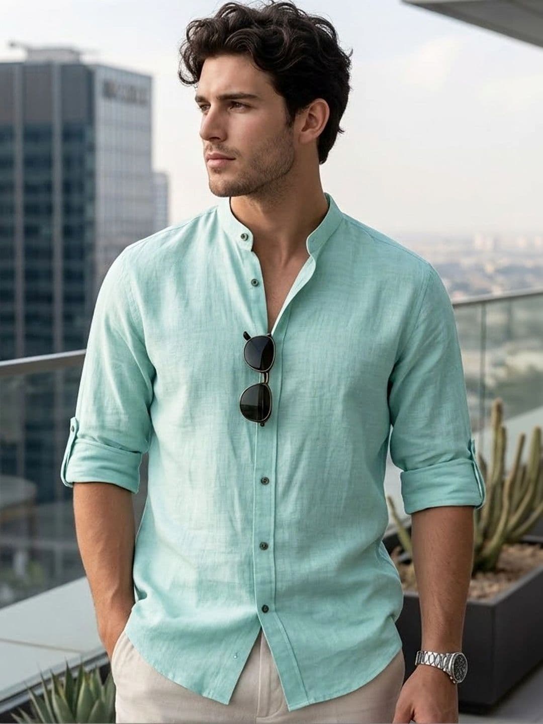 Urbano Fashion Men Light Blue Solid Linen Full Sleeve Relaxed Fit Mandarin Collar Casual Shirt - view 1
