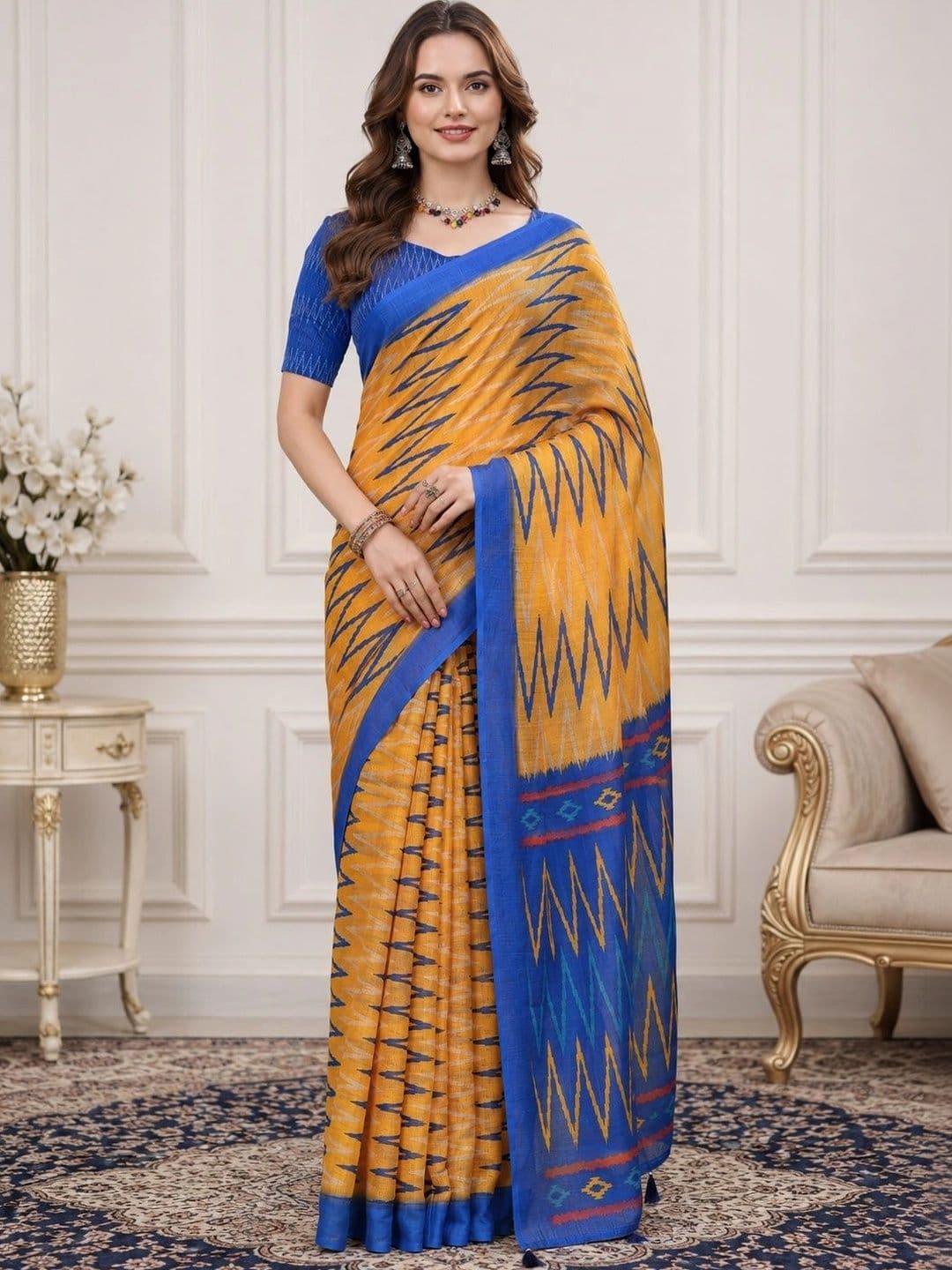 Mitera Ethnic Motifs Zari Linen Blend Designer Block Print Saree - view 1