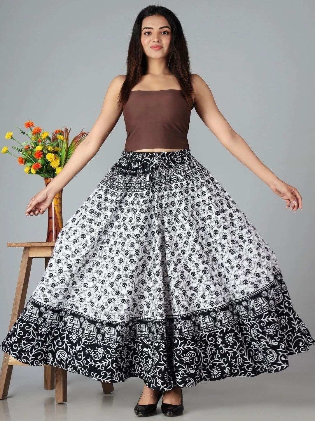 Namokar Women Cotton Cambric Geometric Bohemian Maxi Flared Skirt - view 1